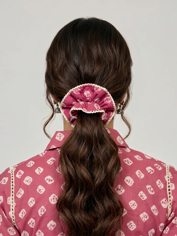 Pink Bandhani Printed Double Layer Scrunchie
