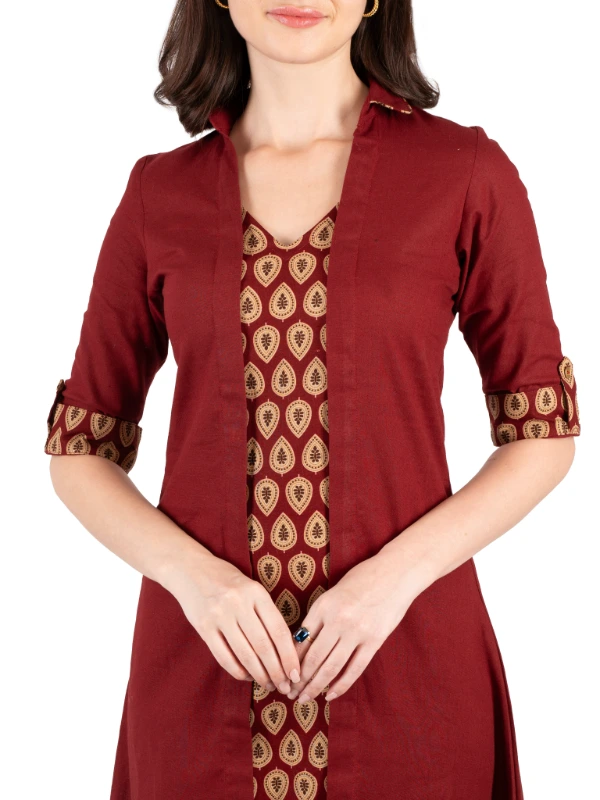 Maroon V-Neck Cotton A-Line Kurta 3