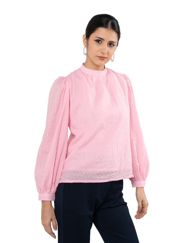 Pink Top With Mandarin Collar And Bishop Sleeves 4