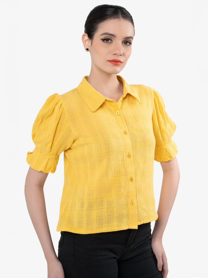 Yellow Crop Shirt With Puff Sleeves
