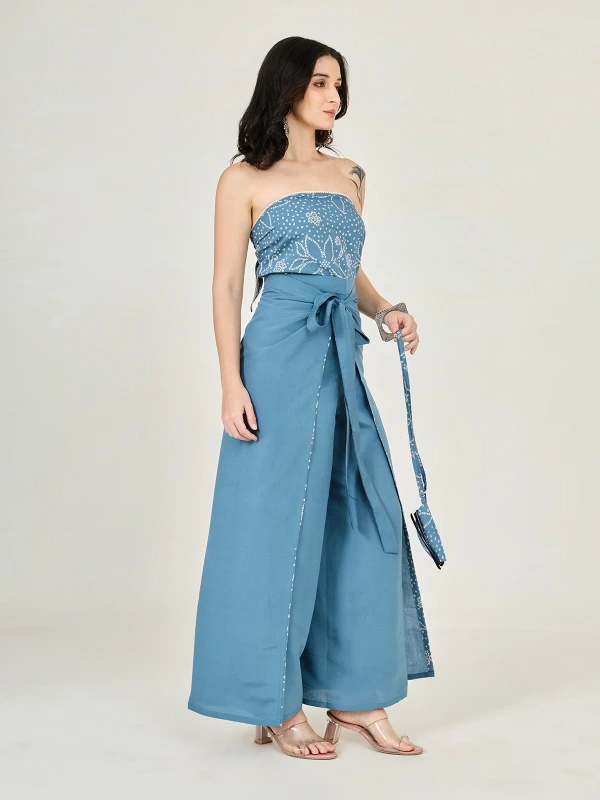 Blue Solid Front Tie Women's Wrap Pants 2