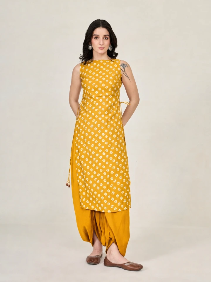 Yellow Bandhani Printed Long Kurta