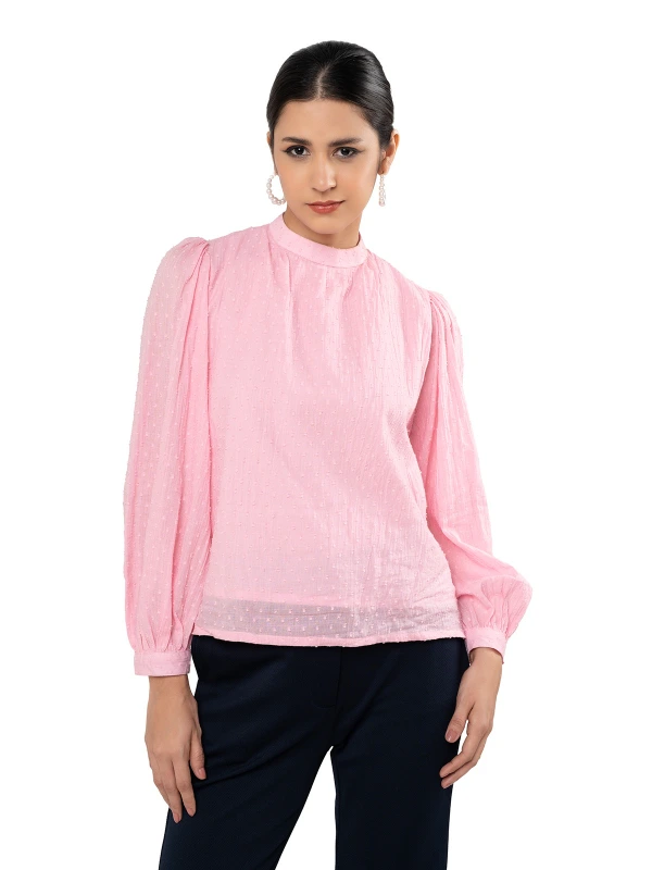 Pink Top With Mandarin Collar And Bishop Sleeves 1
