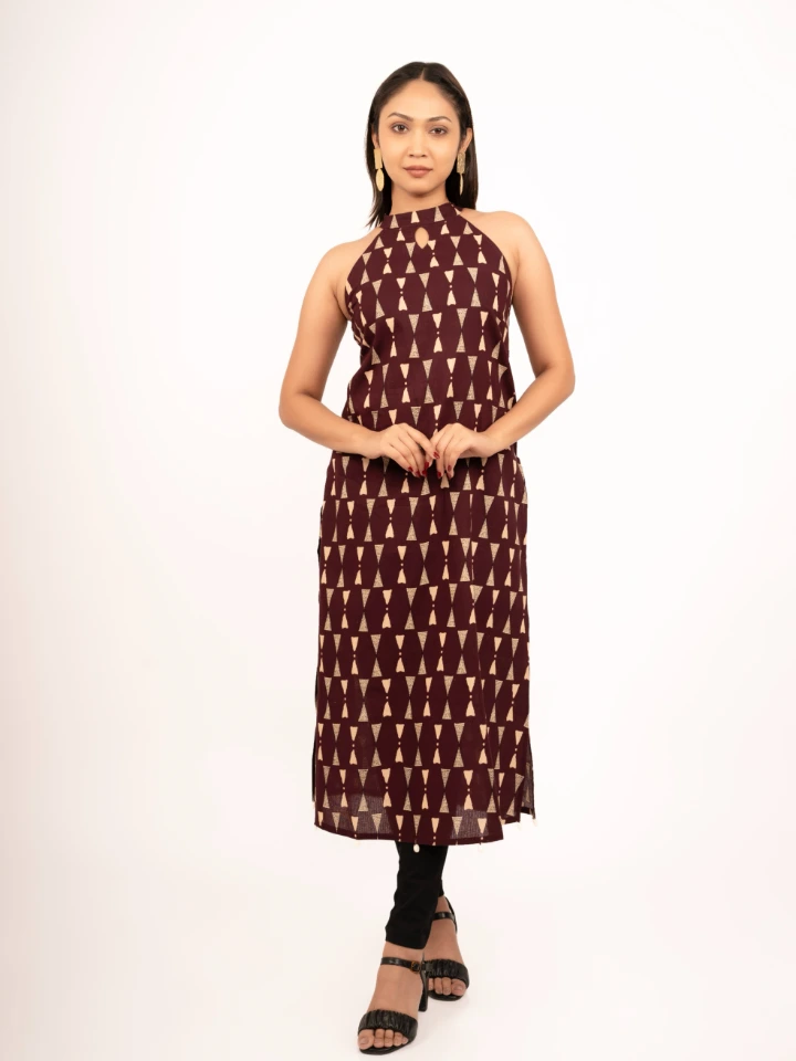 Maroon Printed Cotton Halter Neck Kurta