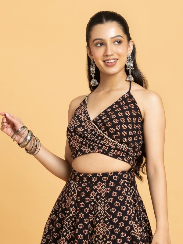 Black Ajrakh Printed Halter Neck Crop Top 4