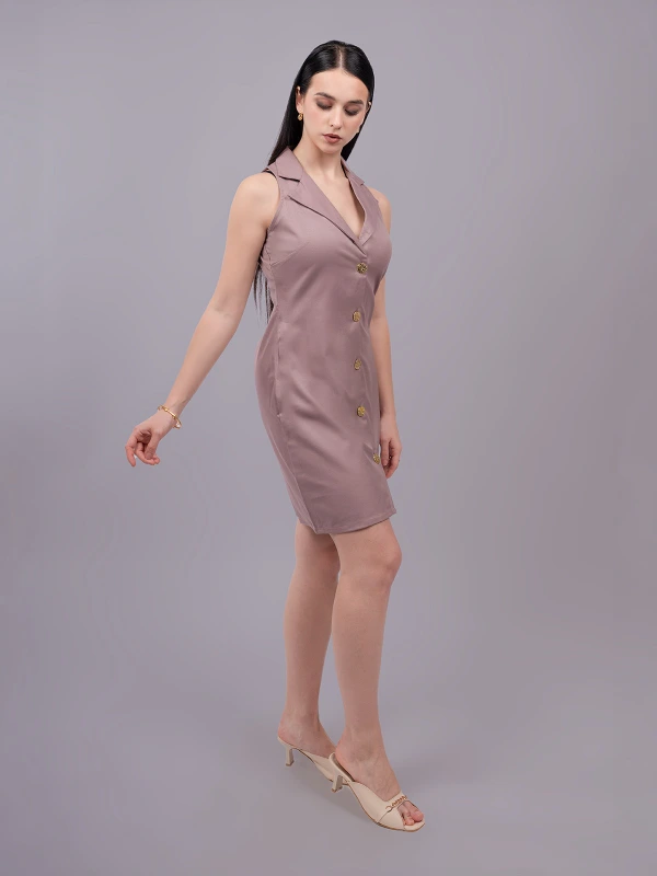 Mauve Formal Lapel Collar Sleeveless Shirt Dress 1