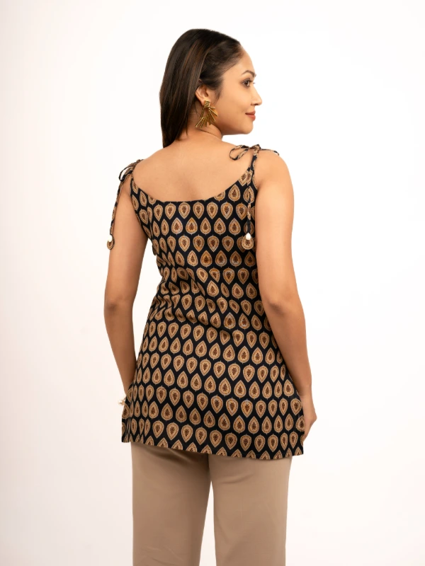 Blue Printed Tie-Up Cotton Kurti With Flare 5