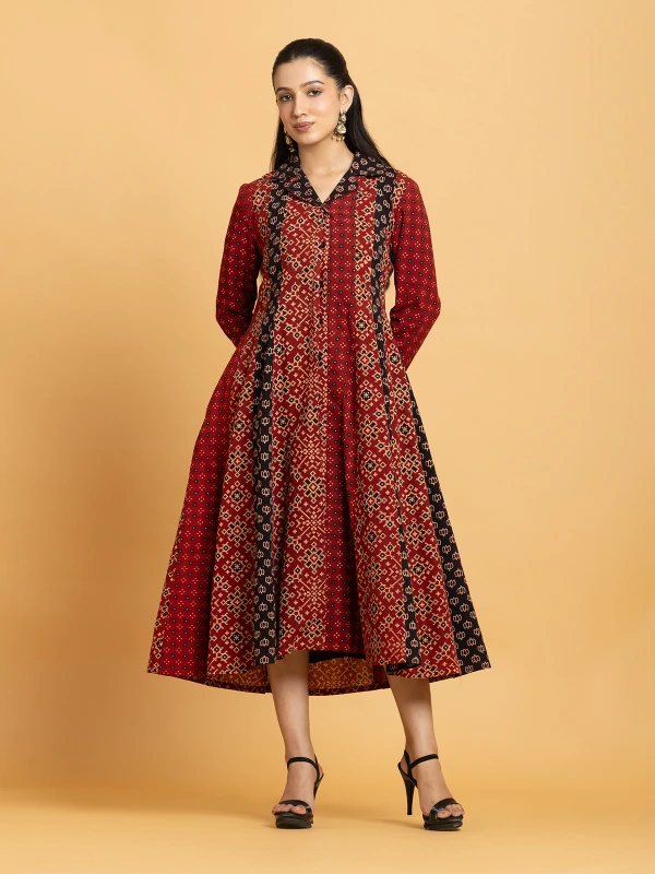 Multi Color Ajrakh Printed A-Line Panel Dress 4
