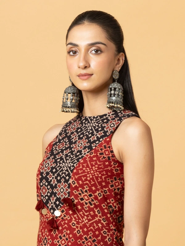 Maroon Ajrakh Printed Fit-and-Flare Maxi Dress 4