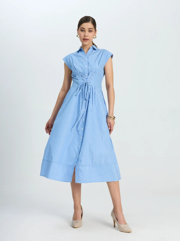 White Striped Dress With Lace-up Corset Waist