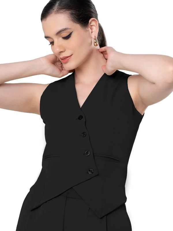 Black Asymmetric Sleeveless Waistcoat 4