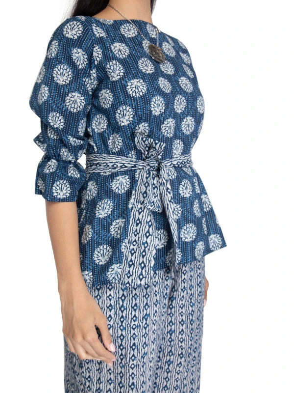 Blue printed cotton co-ord set for women with belt 5