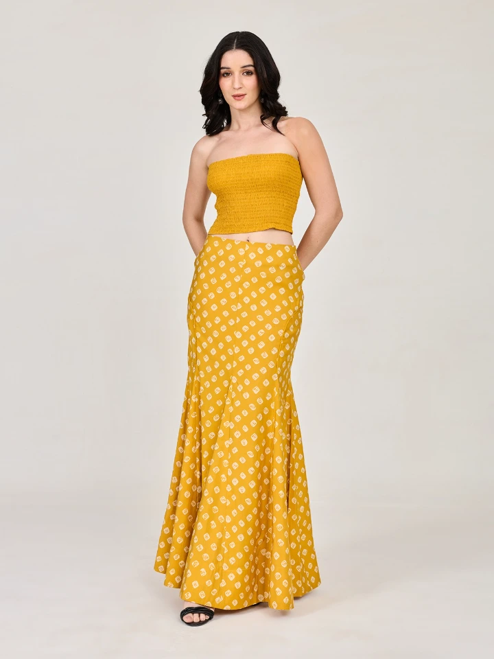 Yellow Bandhani Printed Mermaid Skirt