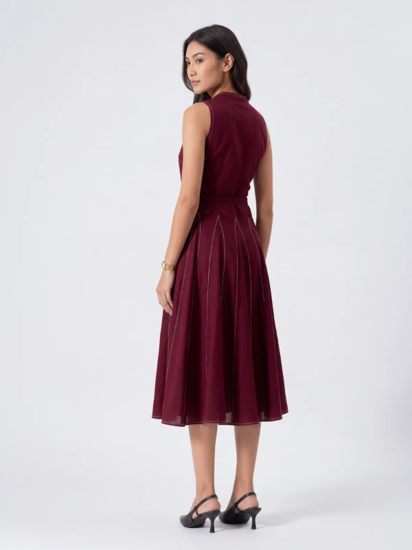 Maroon Fit and Flare Dress With Detachable Waist Belt 5