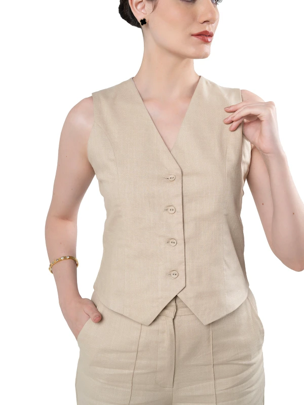 Beige Linen-Blend Waistcoat Coord Set For Formal Wear 3