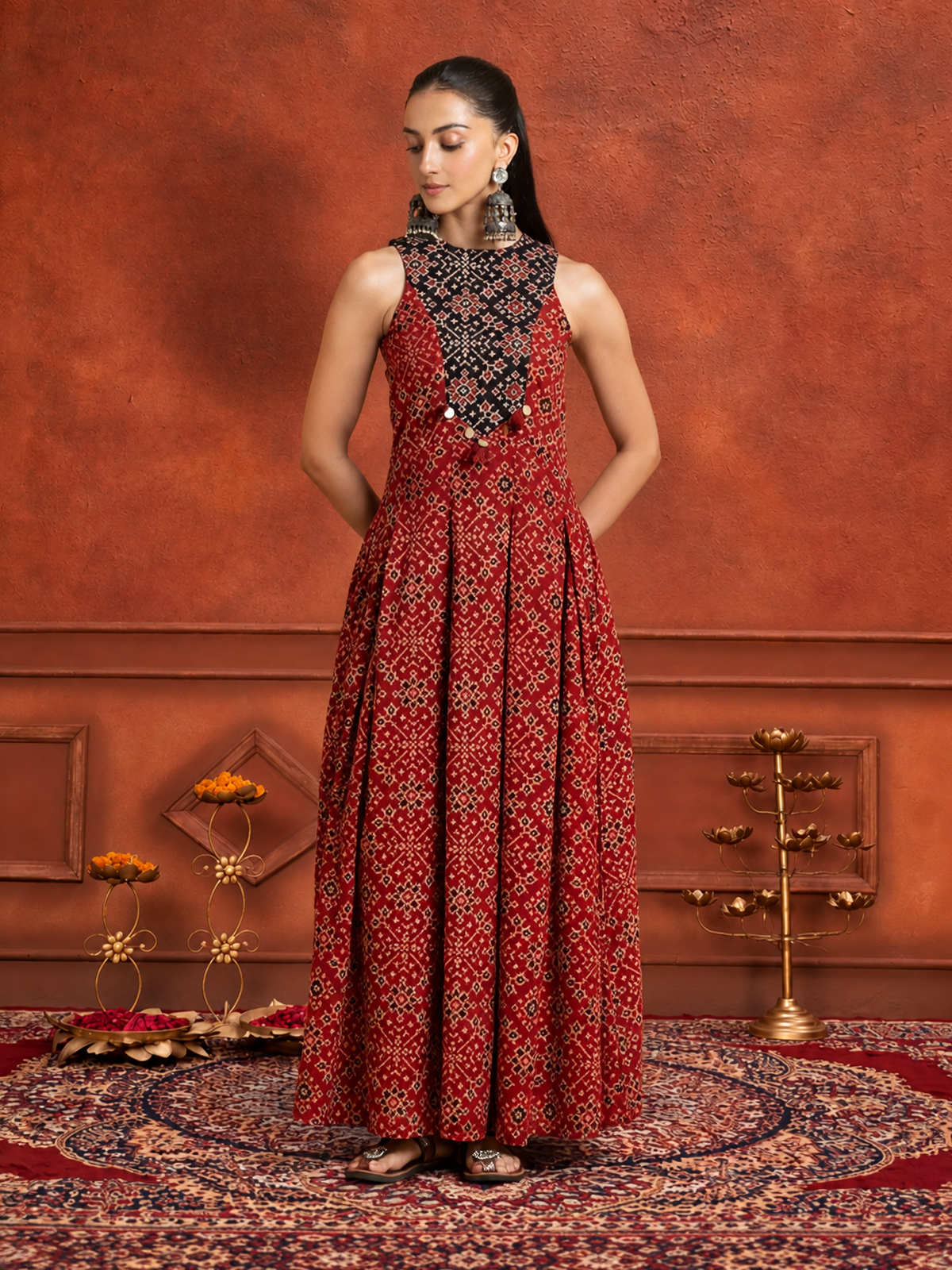 Maroon Ajrakh Printed Fit-and-Flare Maxi Dress