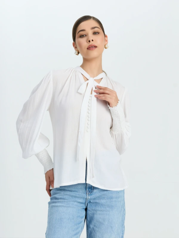 White Full Sleeve Tie Up Top For Women Zlataa 1