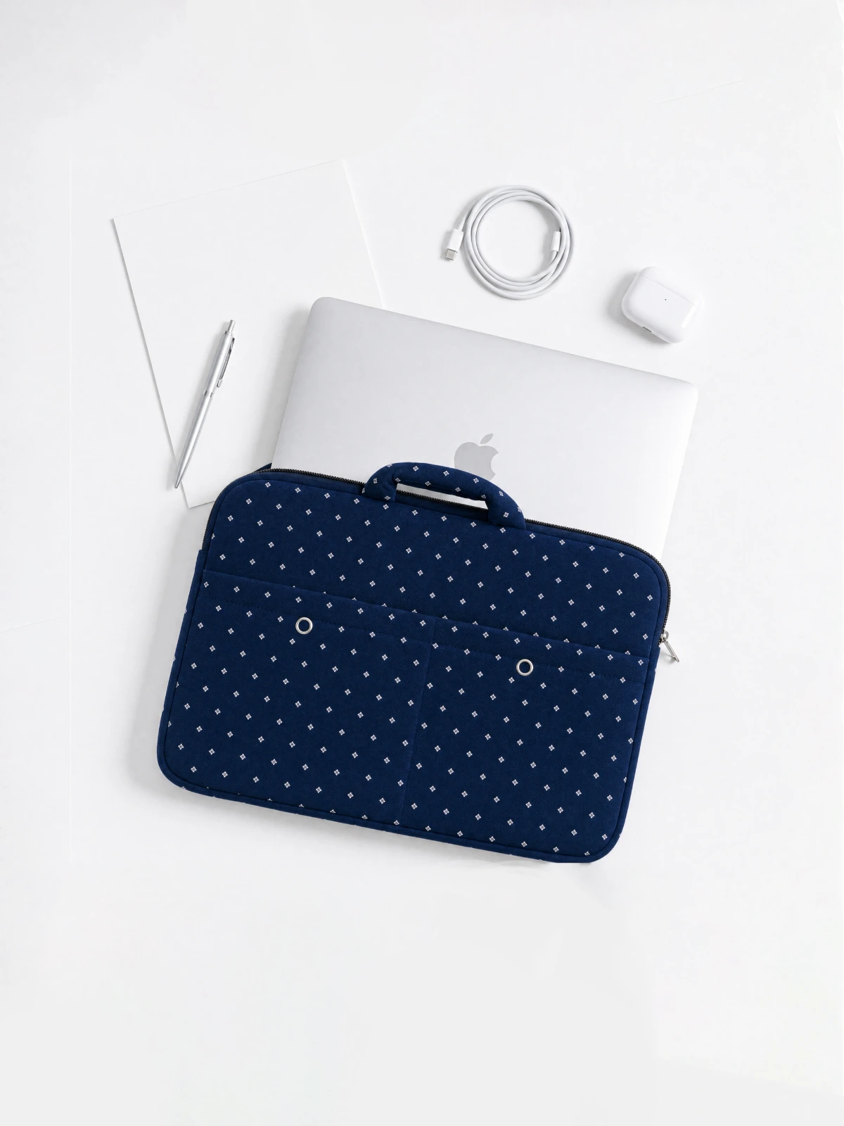 Navy Blue Diamond Print Laptop Sleeve Bag with Two Utility Pockets for MacBook thumbnail 4