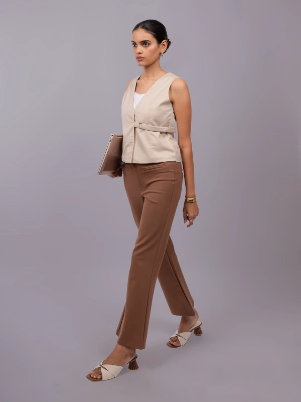 Beige Formal Sleeveless Waistcoat Top With Side Buckles 4