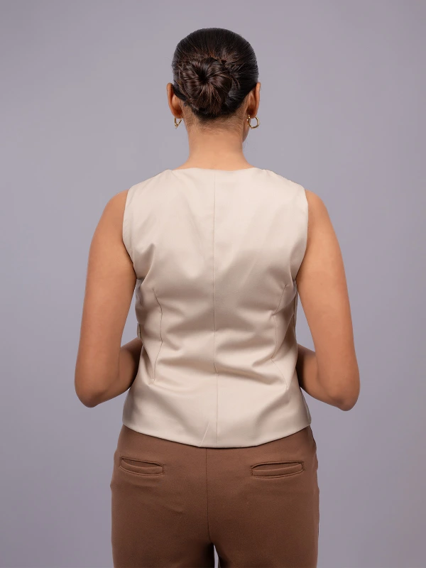 Beige Formal Sleeveless Waistcoat Top With Side Buckles 7