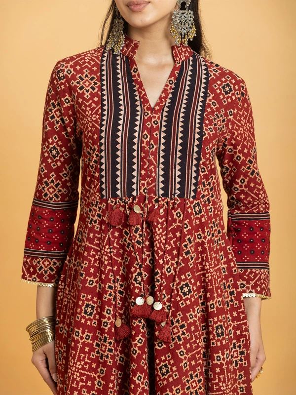 Multicolor Ajrakh Printed High Low Kurta Set 3