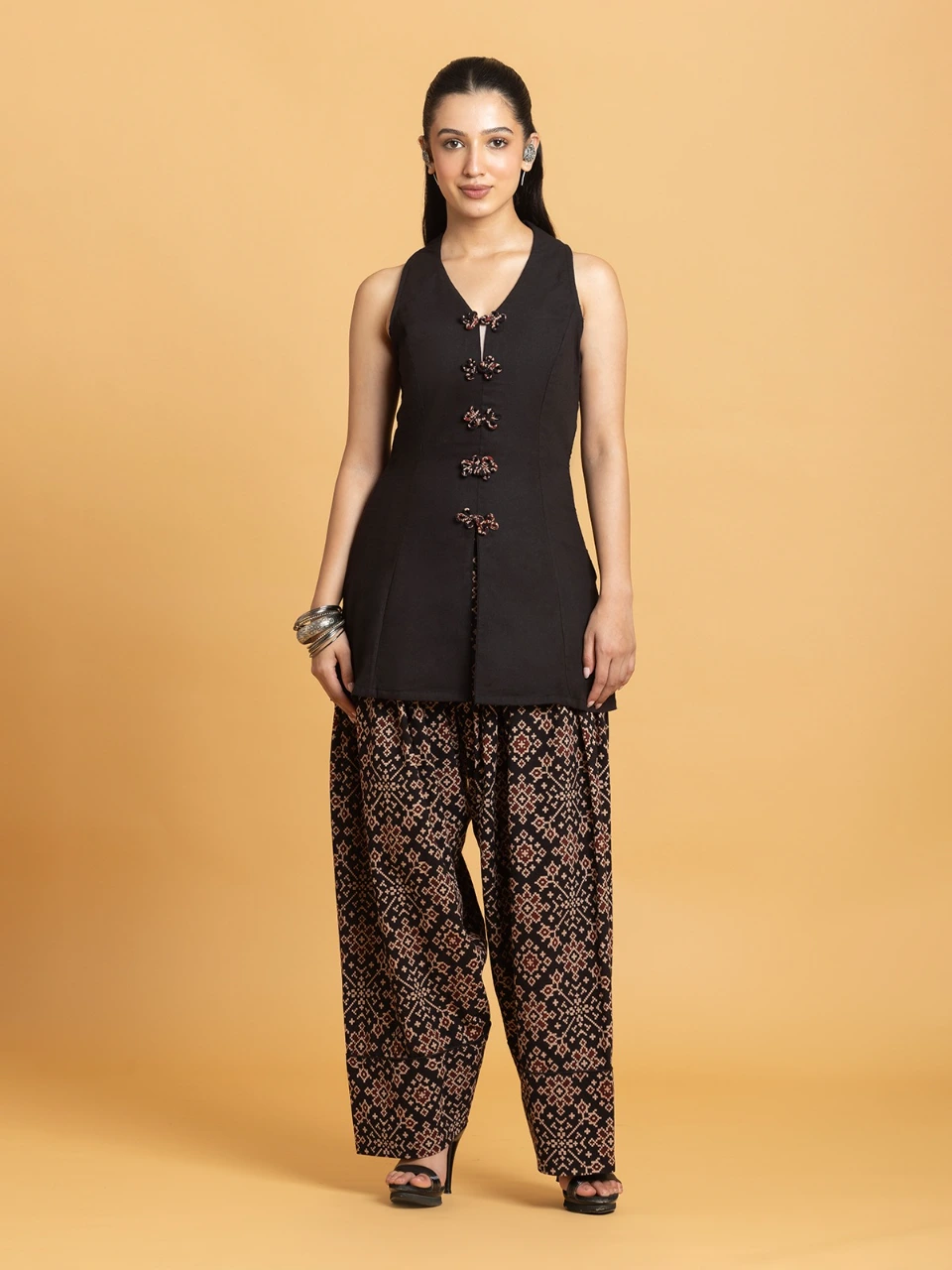 Black Halter Kurti With Printed Farsi Kurta Set for Women