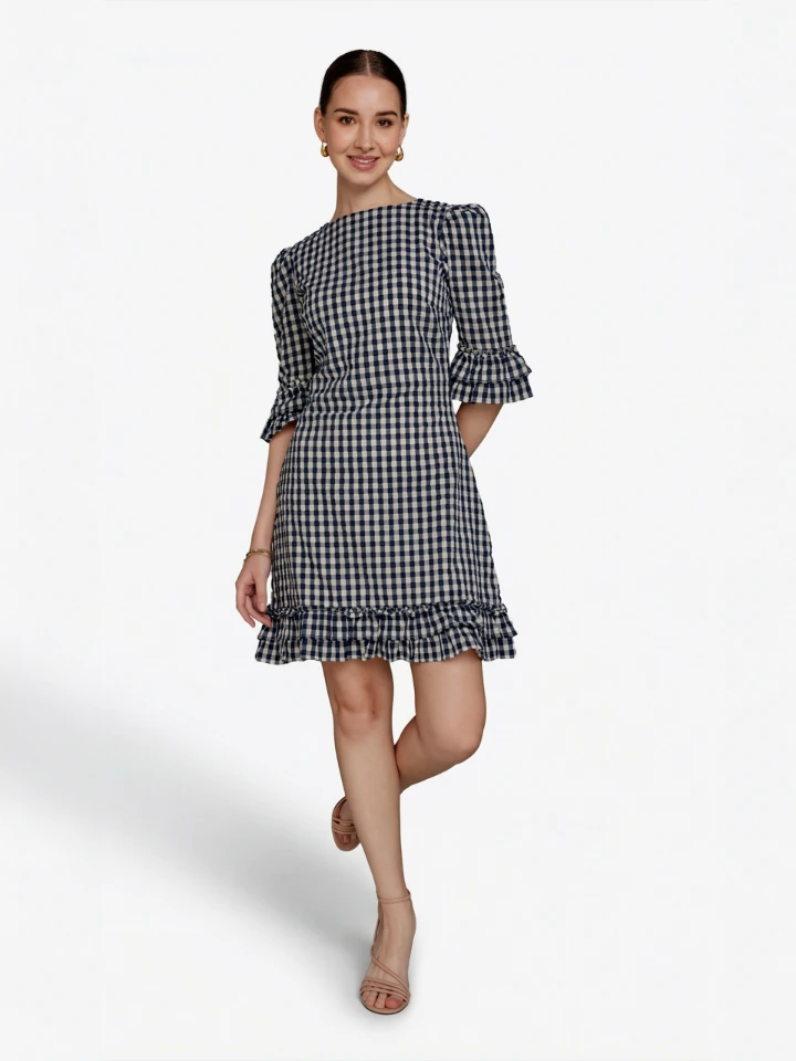 Blue Checked Cotton Formal Dress With Workwear Appeal