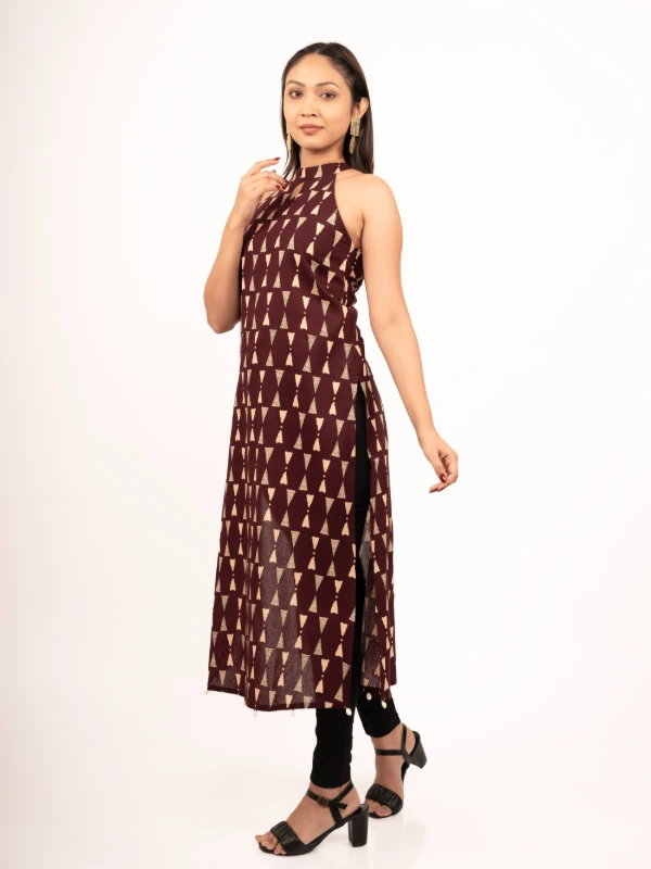 Maroon Printed Cotton Halter Neck Kurta 3