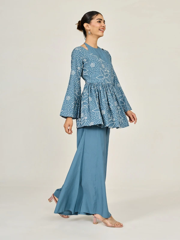 Blue Bandhani Printed Angrakha Top & Flared Palazzo Co-Ord Set 4