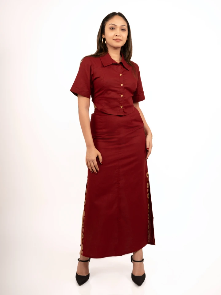 Maroon Shirt and Skirt Cotton Co-ord Set