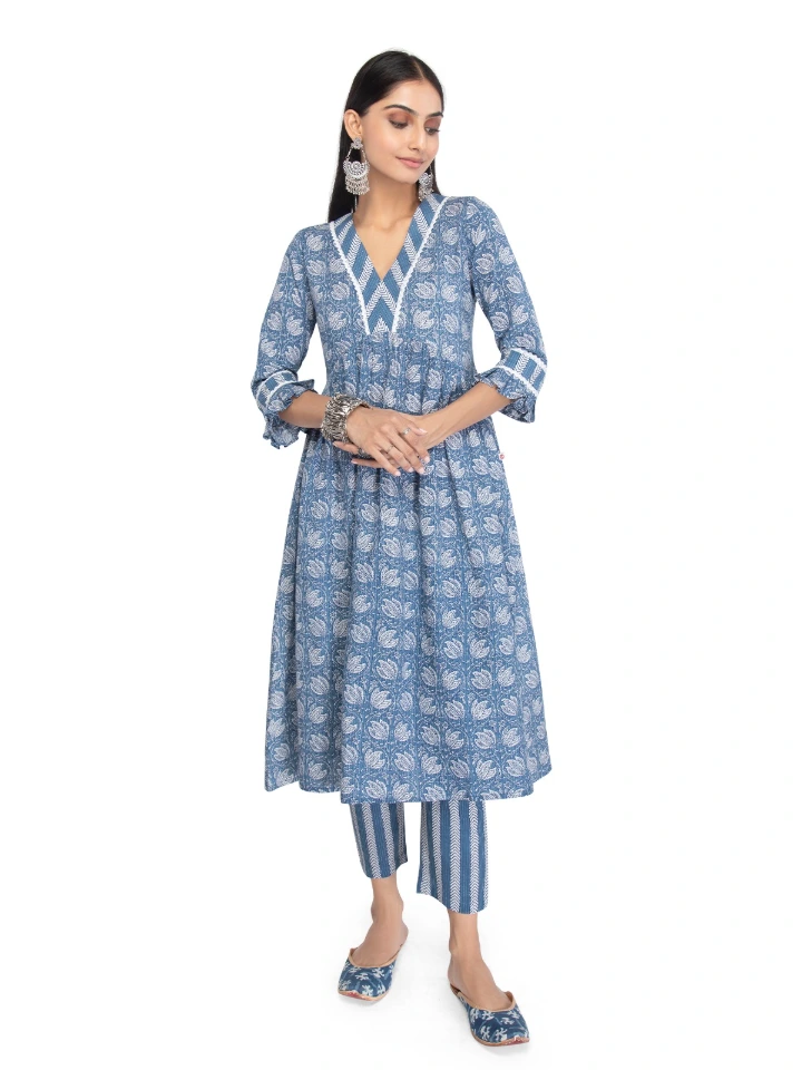 Blue Printed Wide V-neck A Line Kurta Set