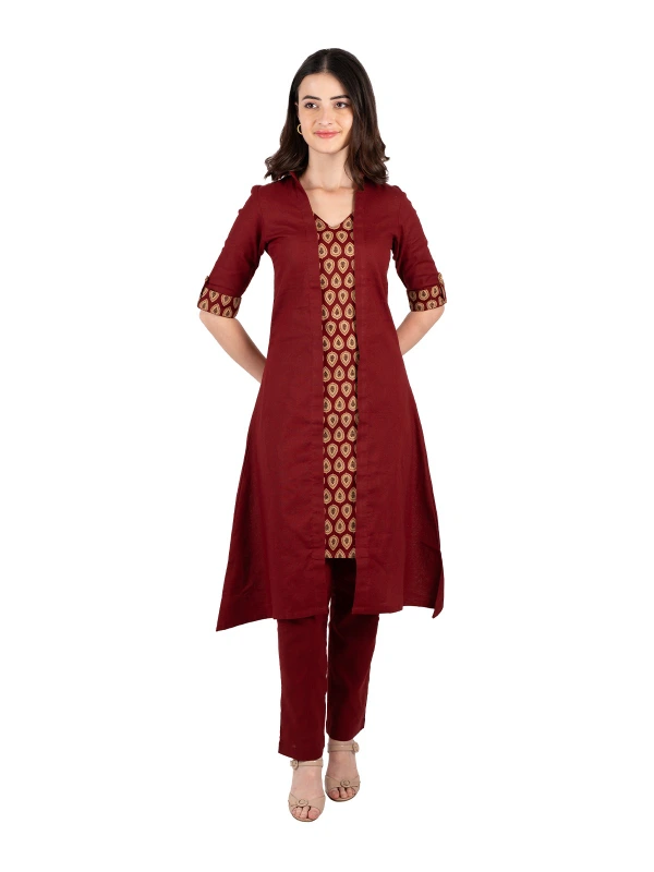 Maroon V-Neck Cotton A-Line Kurta 4