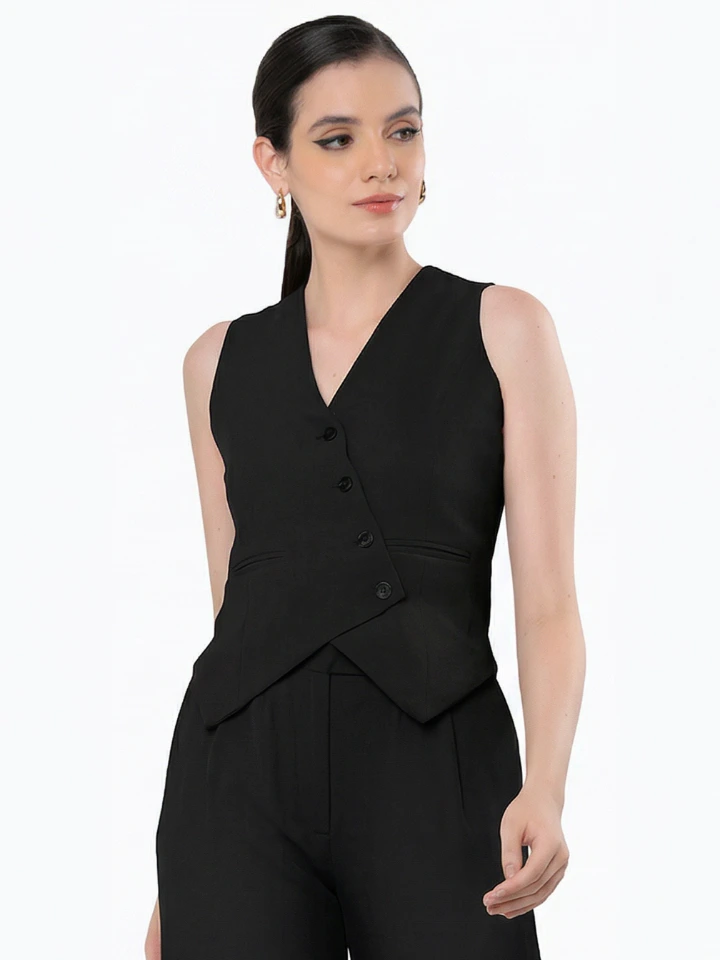 Black Asymmetric Sleeveless Waistcoat