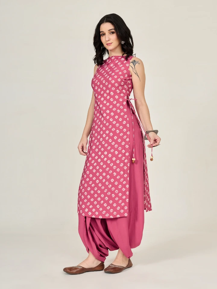 Pink Bandhani Printed Long Kurta