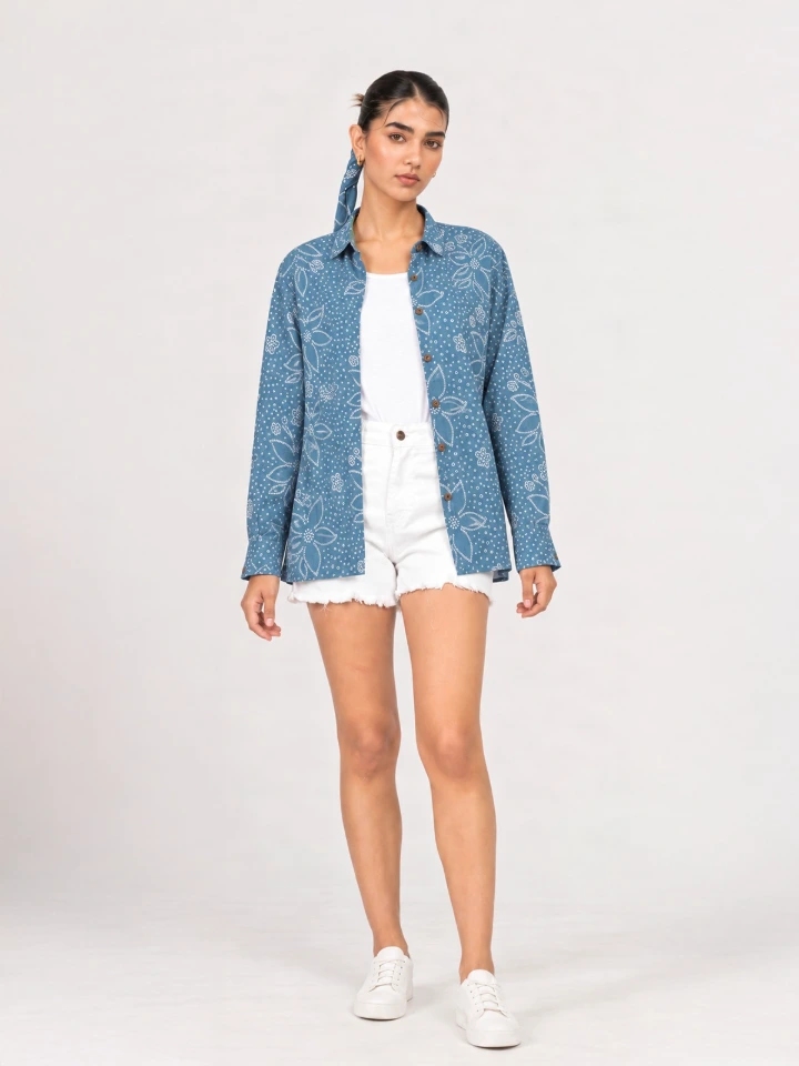 Blue Bandhani Printed Oversized Shirt For Women