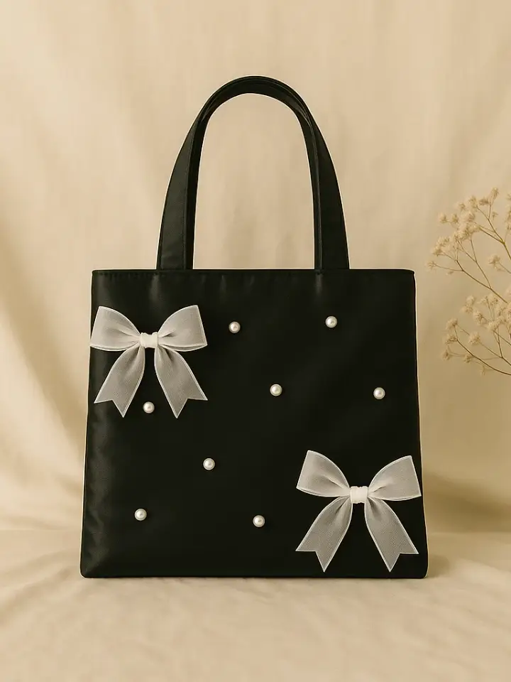 Black Tote Bag with Pearl and Bow Details