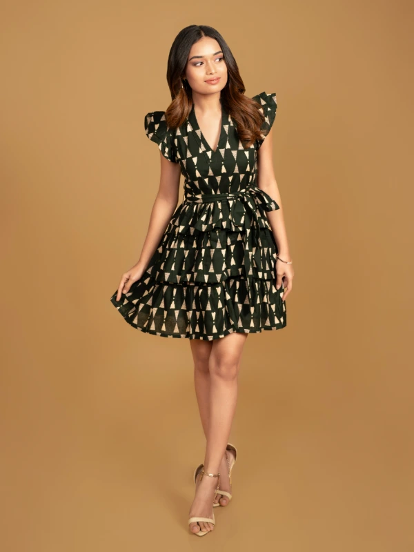 Green Printed Cotton Layered Mini Dress 4