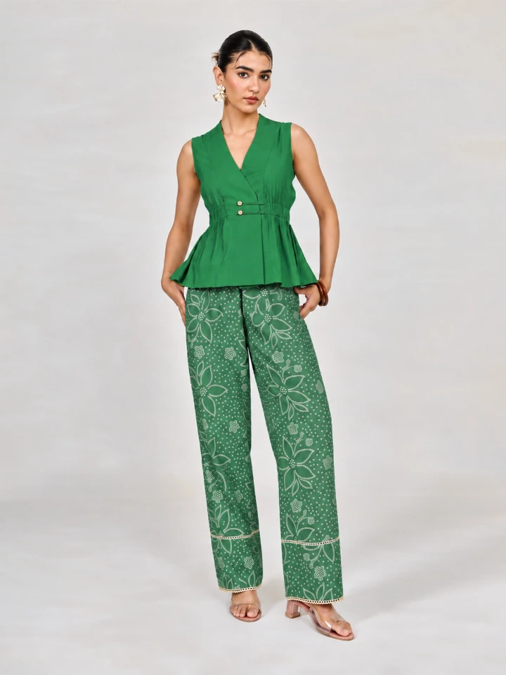 Green Solid Sleeveless Wrap Top
