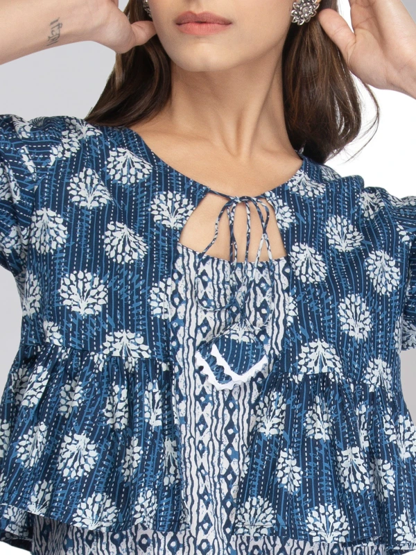 Blue Printed Side Slit Maxi Dress With Shrug 7