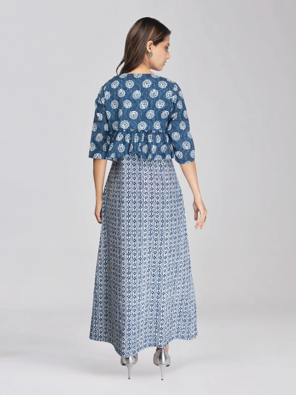 Blue Printed Side Slit Maxi Dress With Shrug 4