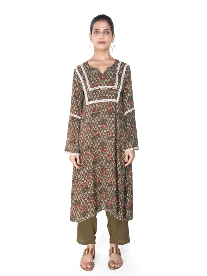 Green Ethnic Viscose Kurta Set With Lace Detail