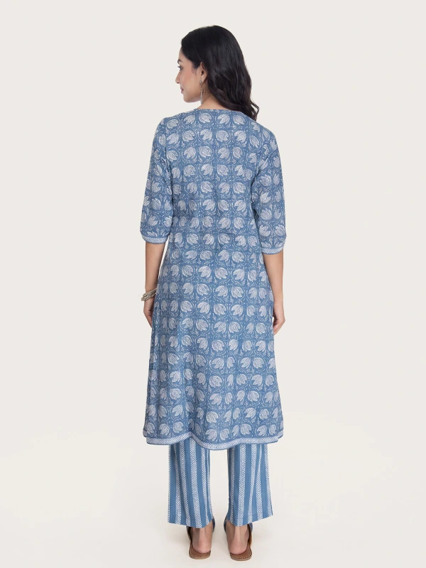 Blue Cotton Floral Kurta With Straight Pant Set 2