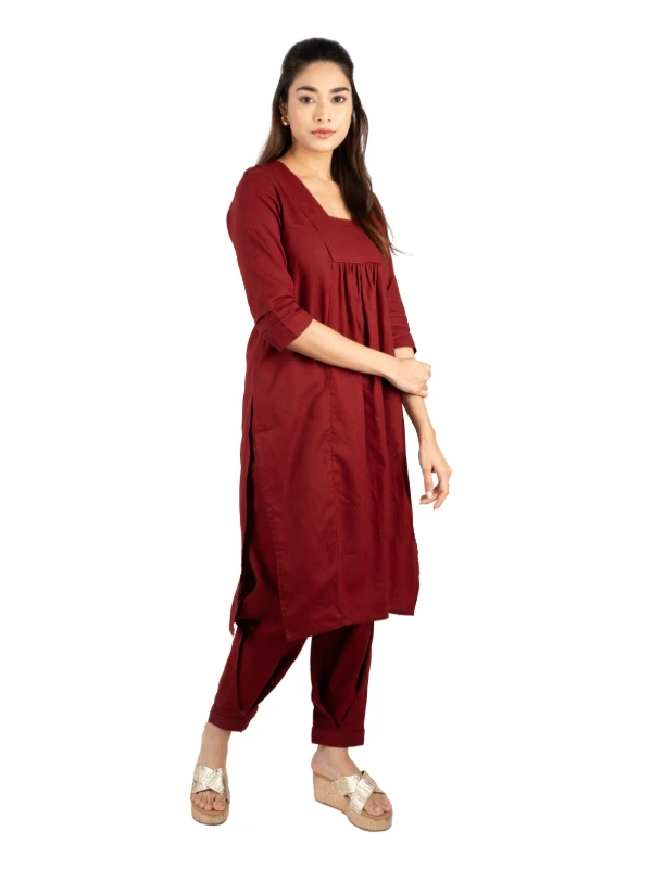 Maroon Cotton Kurta With Matching Pant Set 5