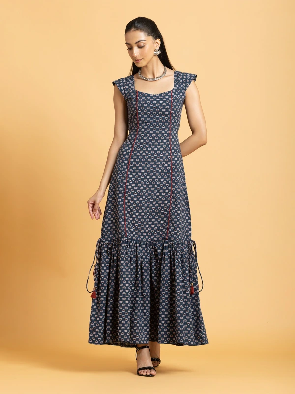 Navy Blue Ajrakh Printed Convertible Fit-and-Flare Dress 2