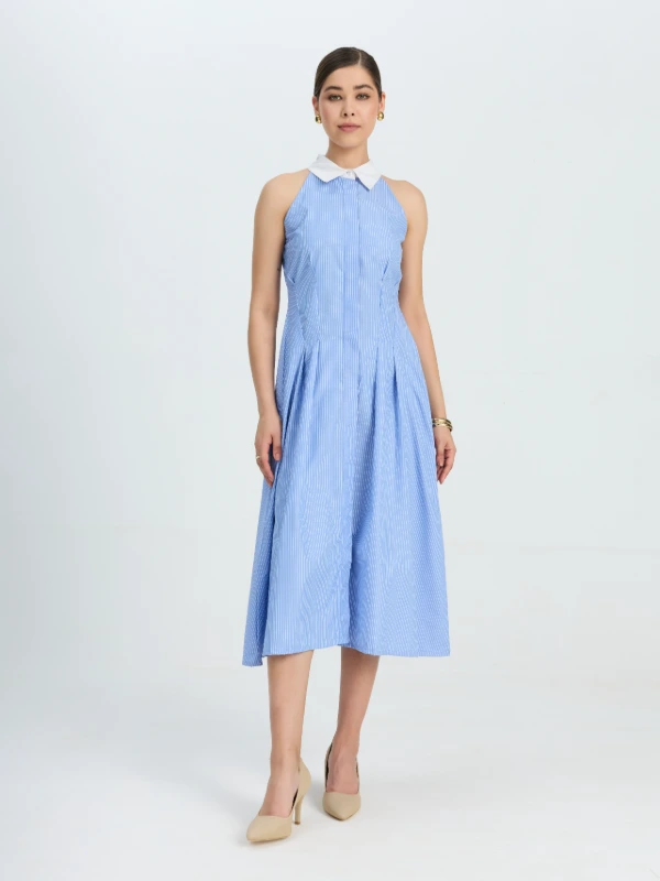 White Stripe Dress With Contrast Collar 1