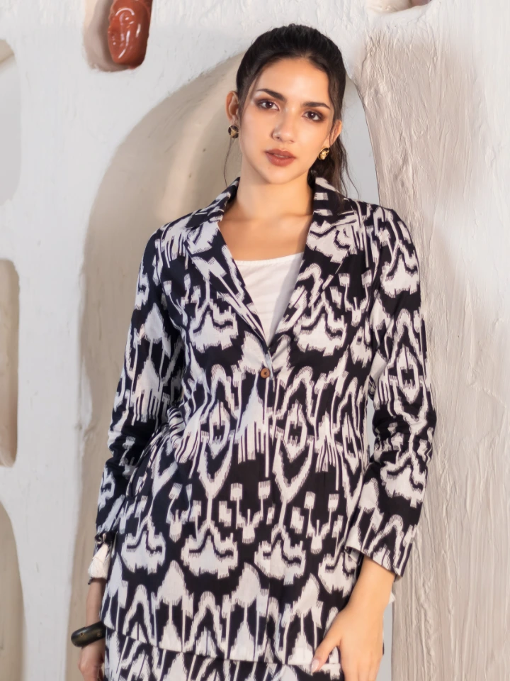 Black Ikat blazer & skort cotton co-ord set