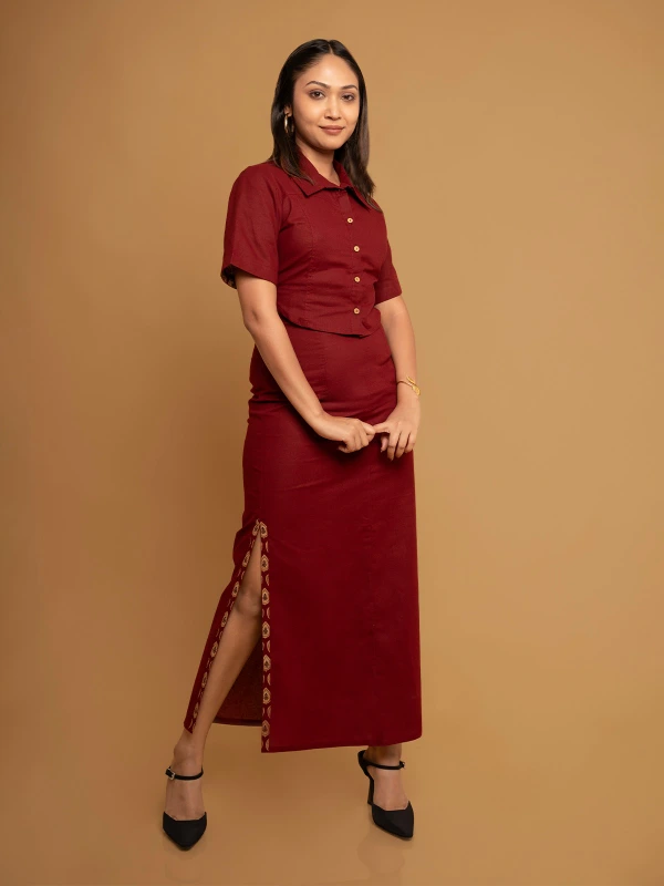 Maroon Skirt And Shirt Cotton Co-Ord Set 2
