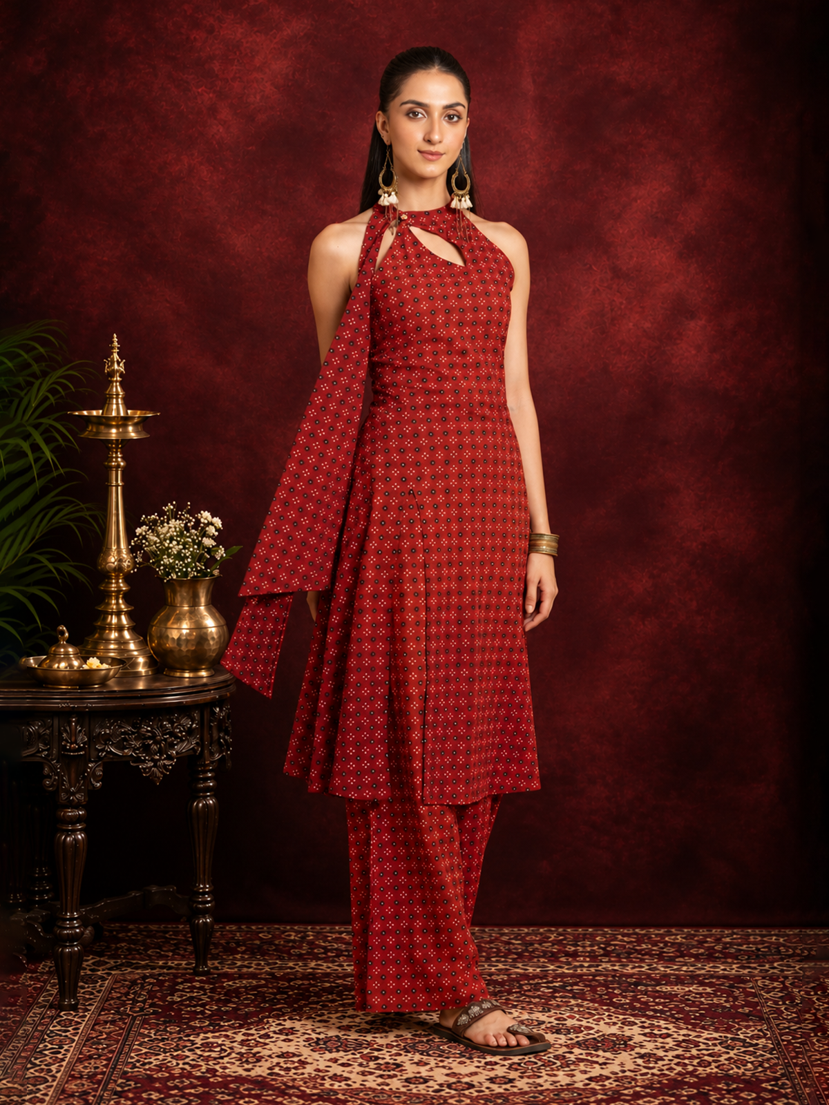 Maroon Sleeveless A-Line Halter Kurta With Wide-Leg Pants Set