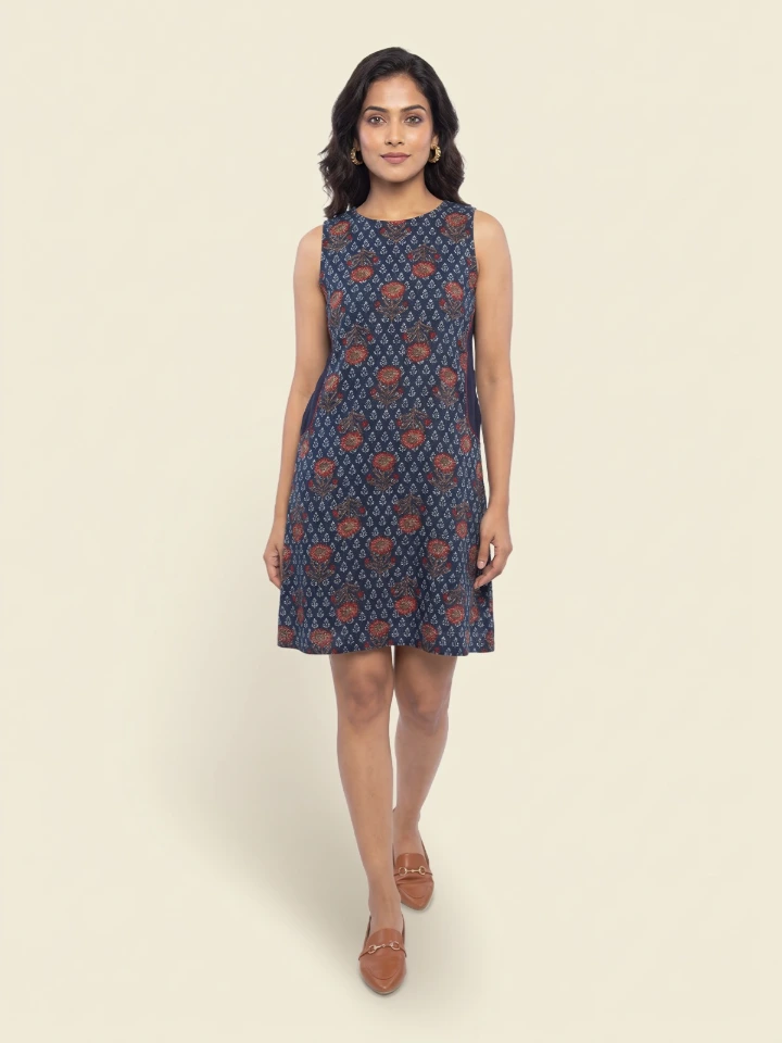 Indigo Viscose Floral Print Dress For Casual Wear