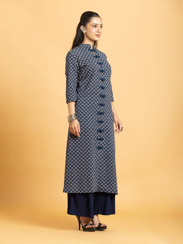 Navy Blue Ajrakh Printed A-Line Kurta With Fabric Frog Knots 4